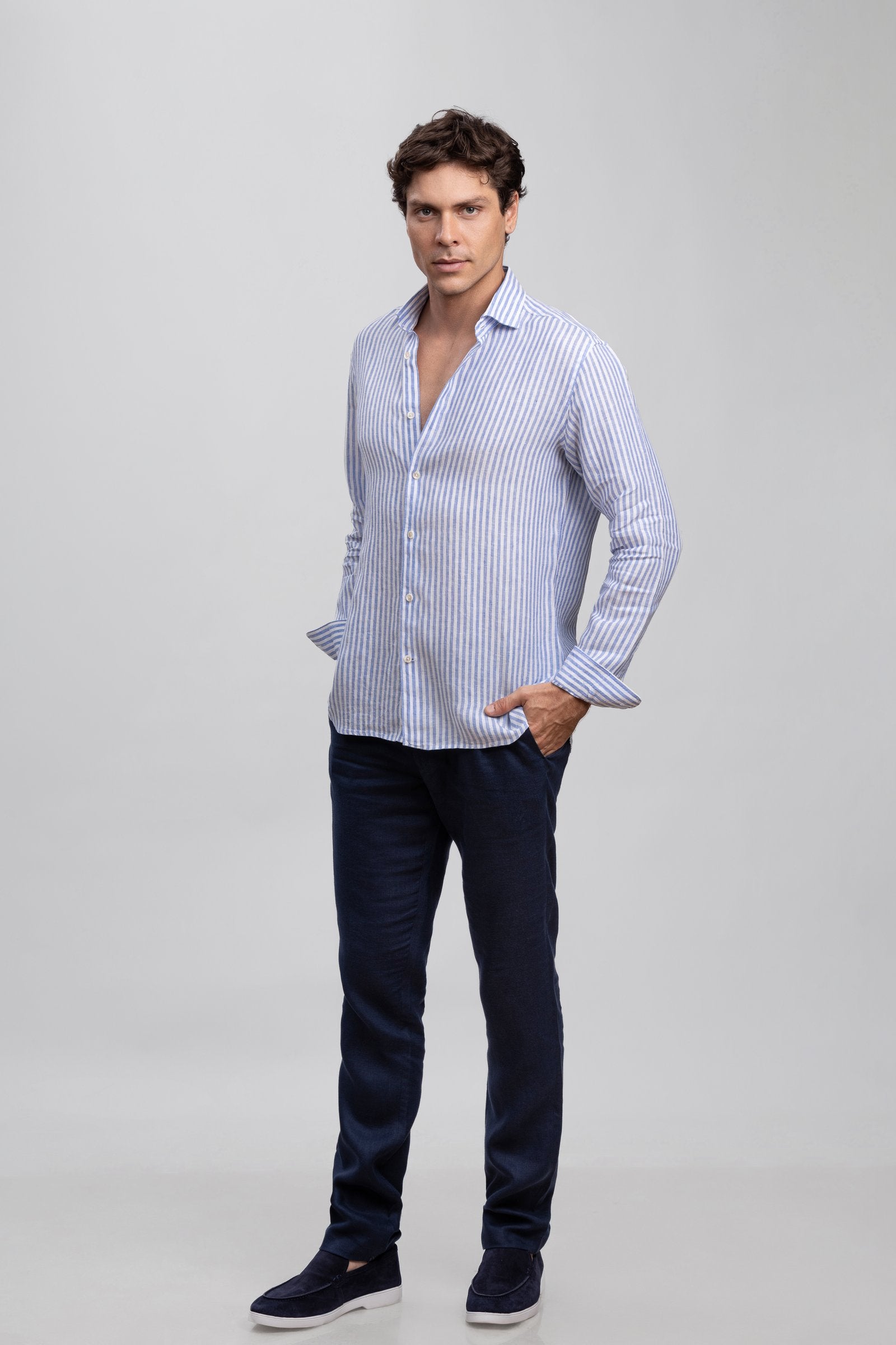 Sky Blue Stripe Italian 100% Linen Stripe Shirt