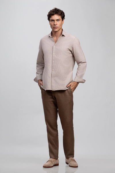 Beige Micro Pattern Italian Cotton & Linen Blend Shirt