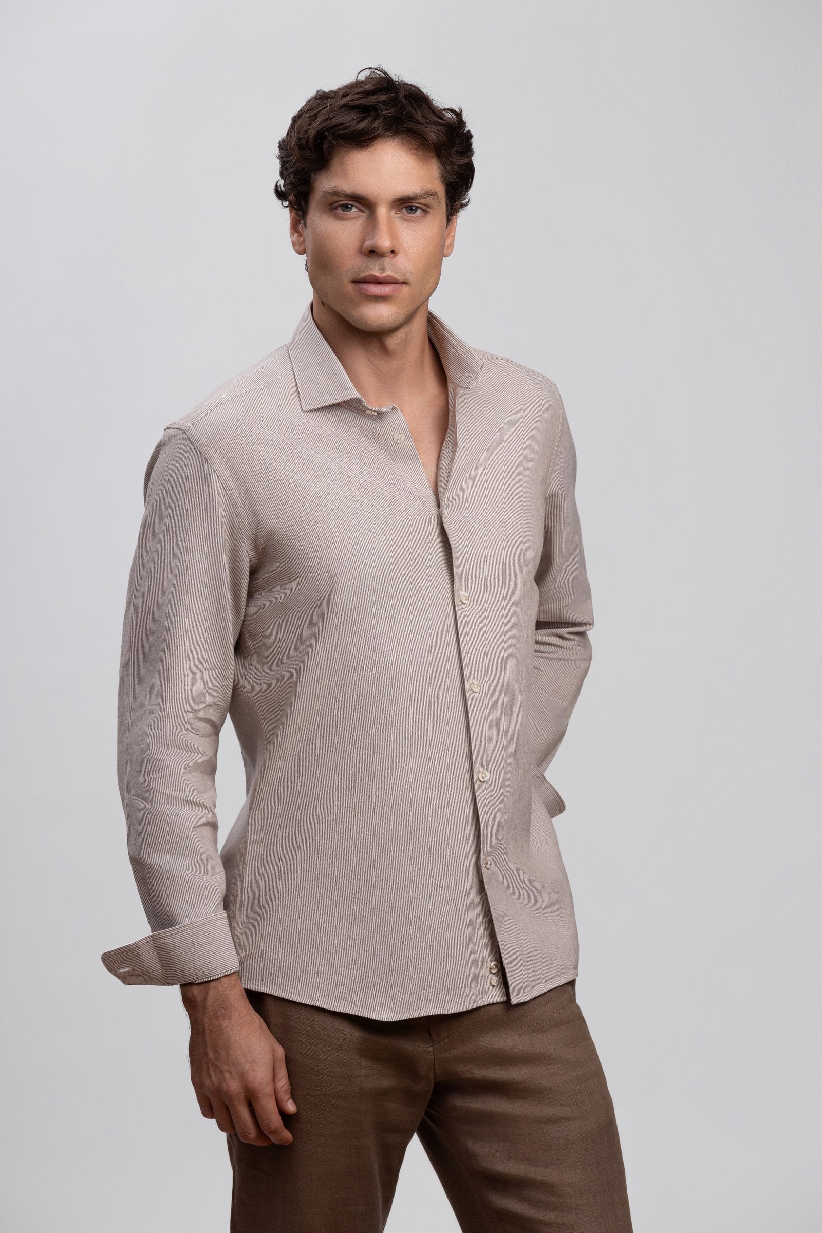 Beige Micro Pattern Italian Cotton & Linen Blend Shirt