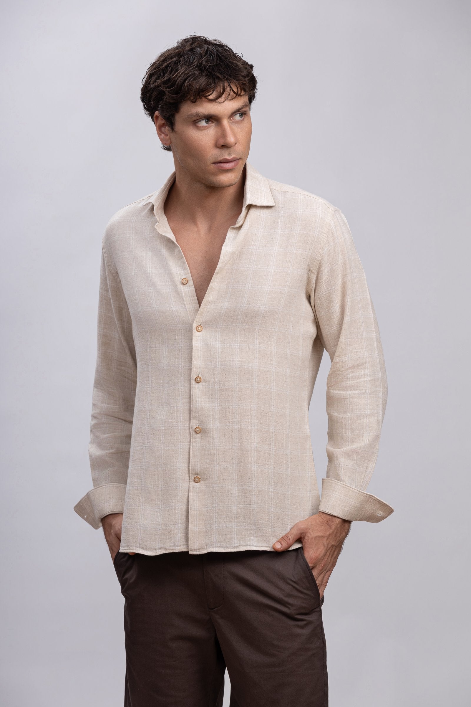 Beige Windowpane Italian Cotton & Linen Blend Shirt