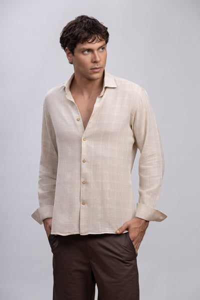 Beige Windowpane Italian Cotton & Linen Blend Shirt