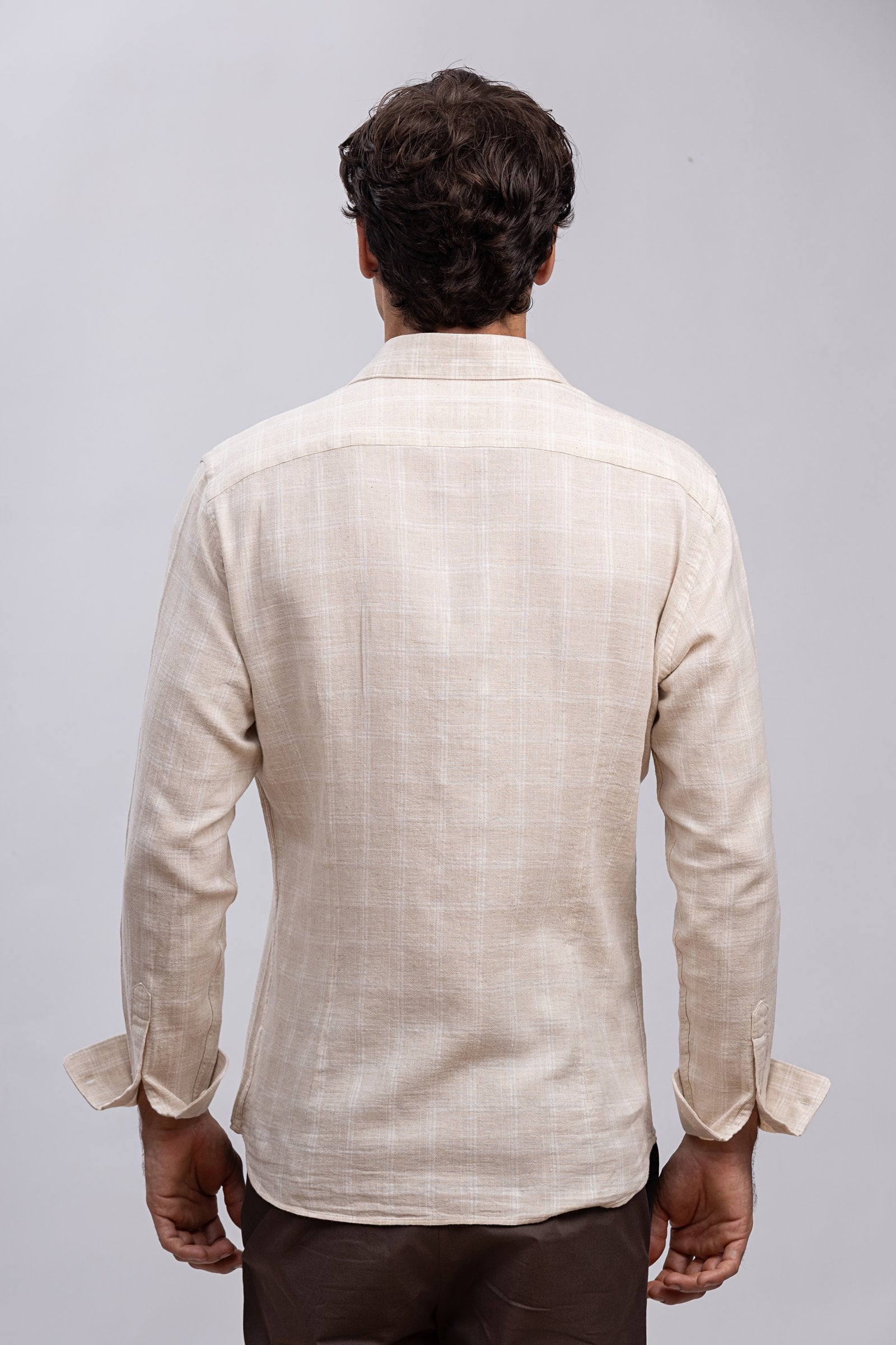 Beige Windowpane Italian Cotton & Linen Blend Shirt