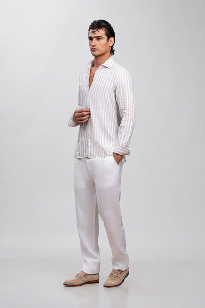 Beige Stripe Italian Cotton & Linen Blend Shirt