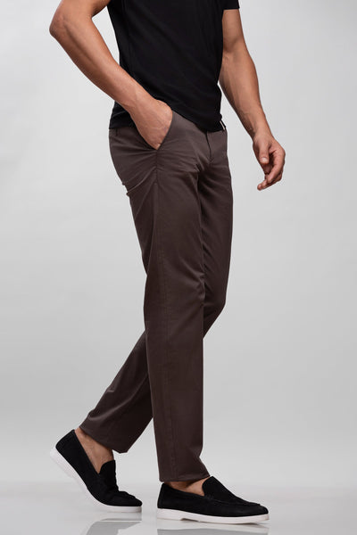 Brown Cotton Blend Slim Fit Pants