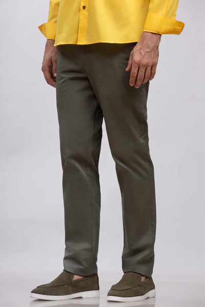Khaki green Cotton Blend Slim Fit Pants