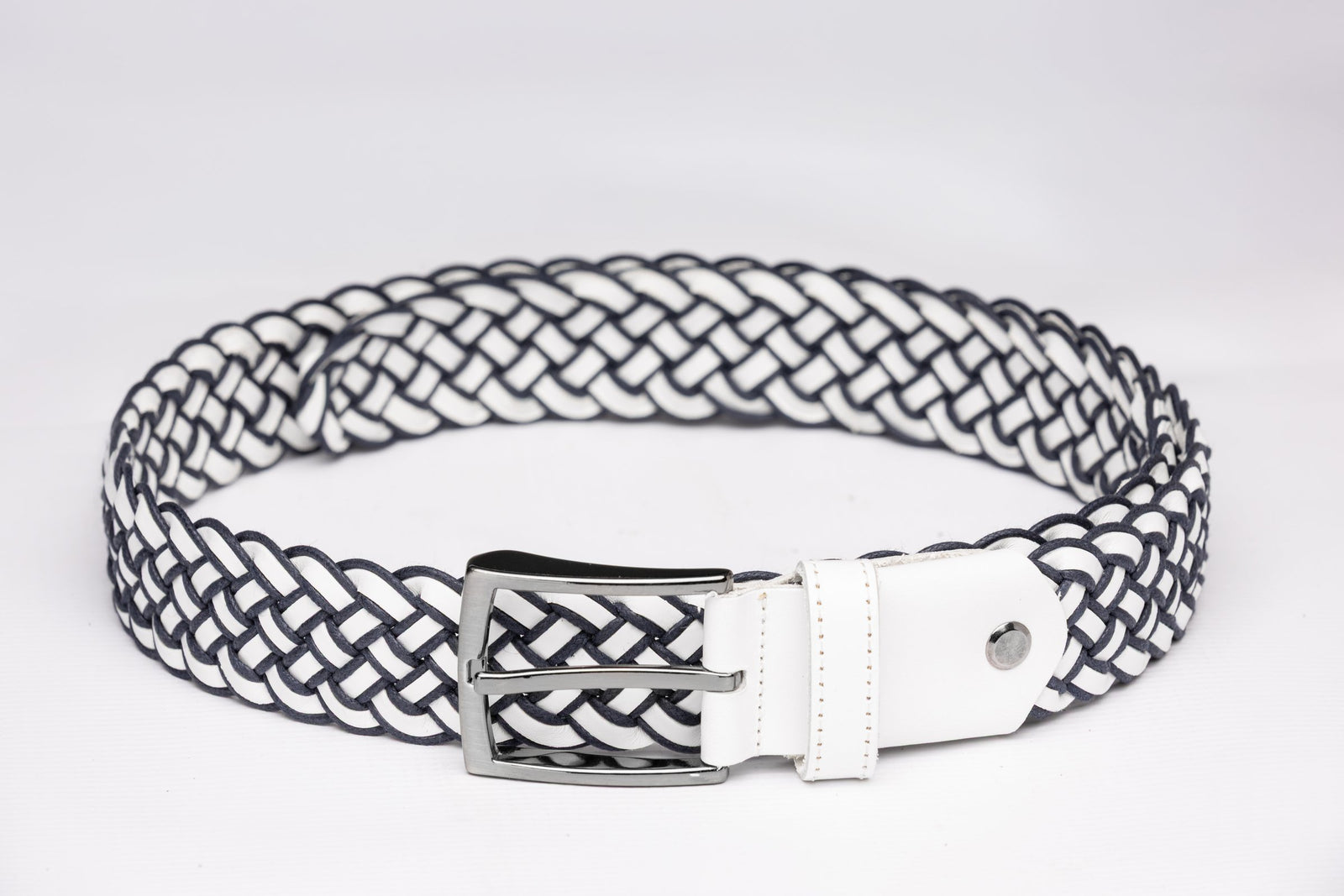 White And Navy Braided Leather Belt