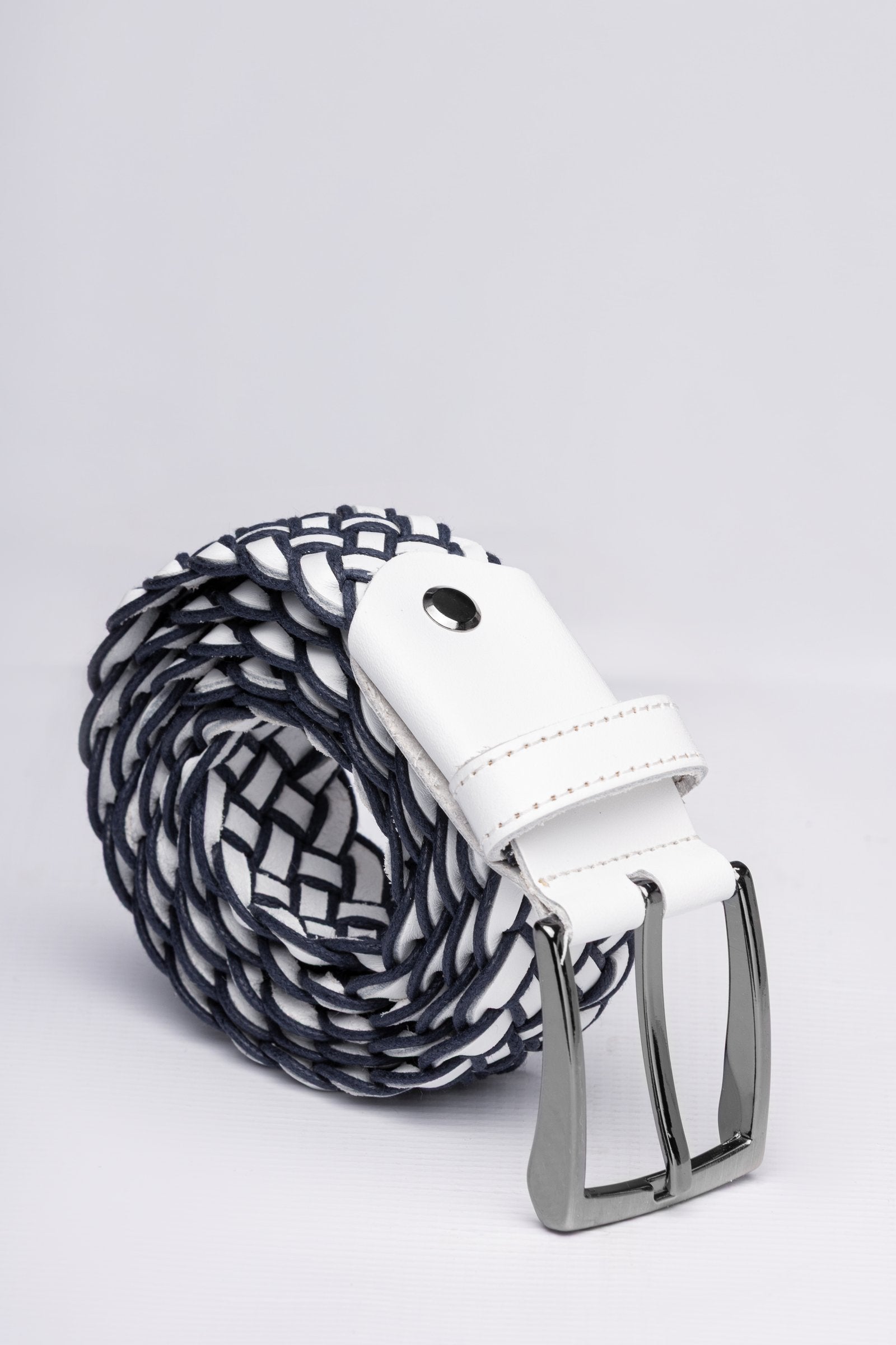 White And Navy Braided Leather Belt