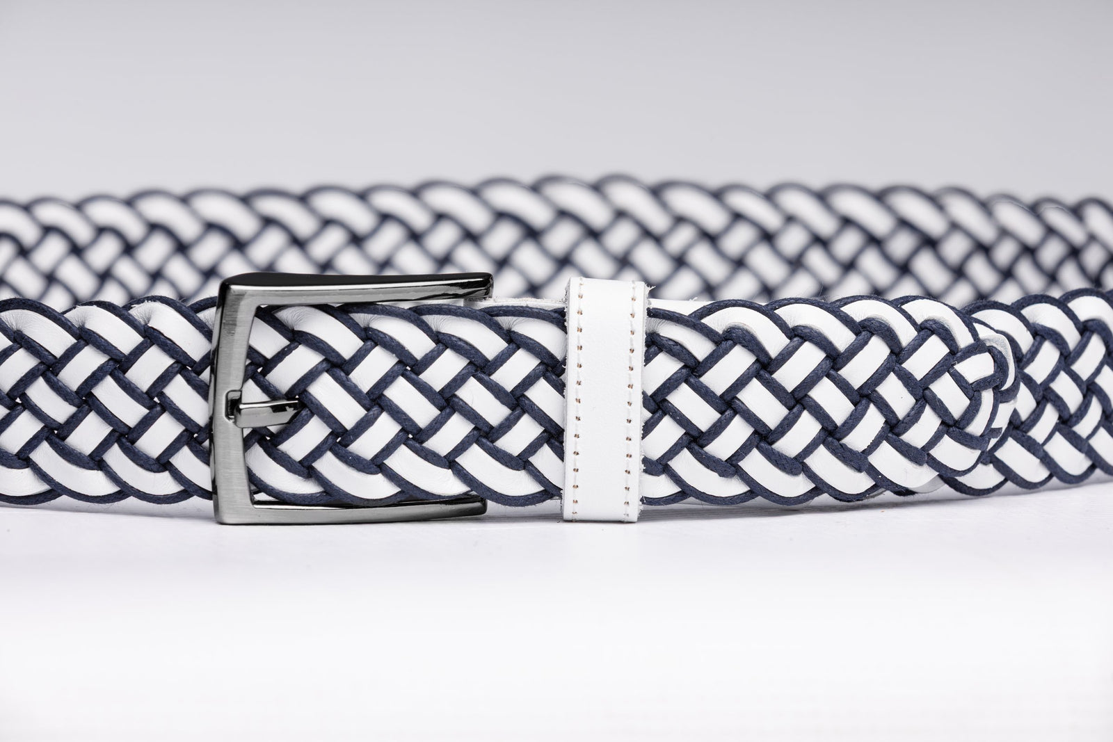 White And Navy Braided Leather Belt