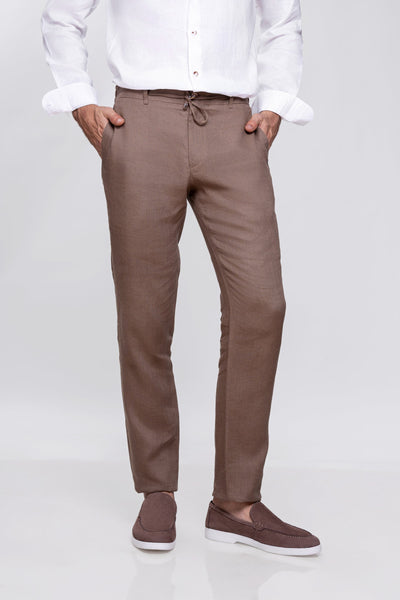 Taupe Brown 100% Linen Jogger Fit Pants