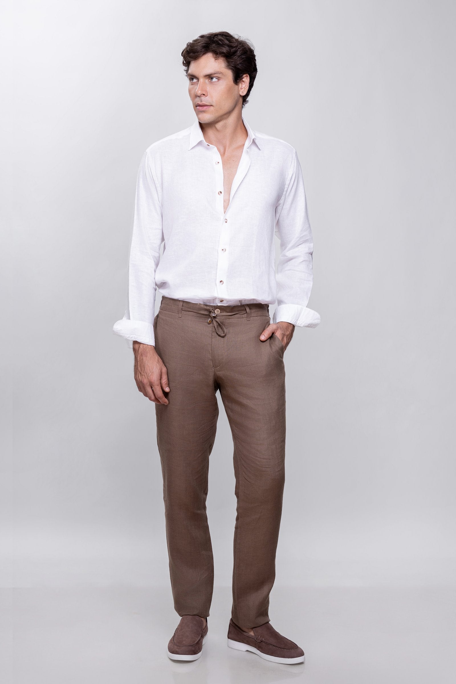 Taupe Brown 100% Linen Jogger Fit Pants