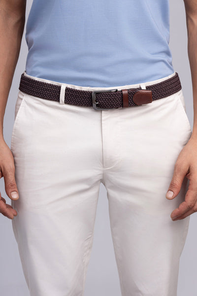 Brown Woven Stretch Belt With Leather Trims