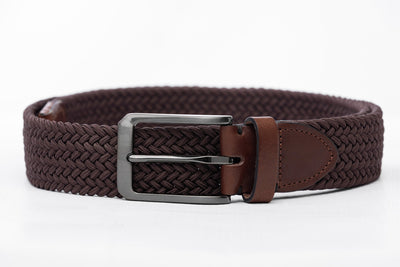 Brown Woven Stretch Belt With Leather Trims