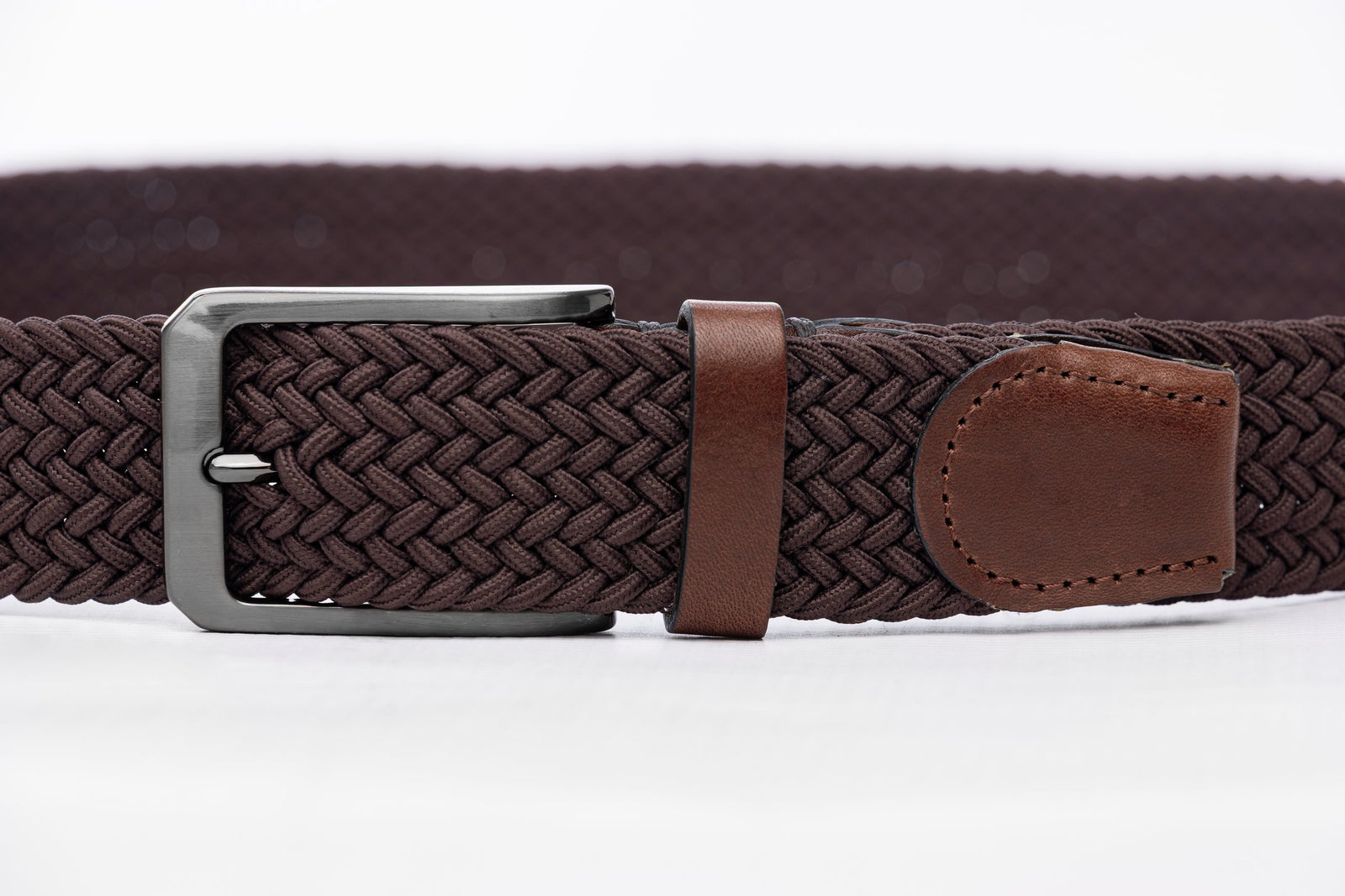 Brown Woven Stretch Belt With Leather Trims