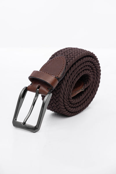 Brown Woven Stretch Belt With Leather Trims