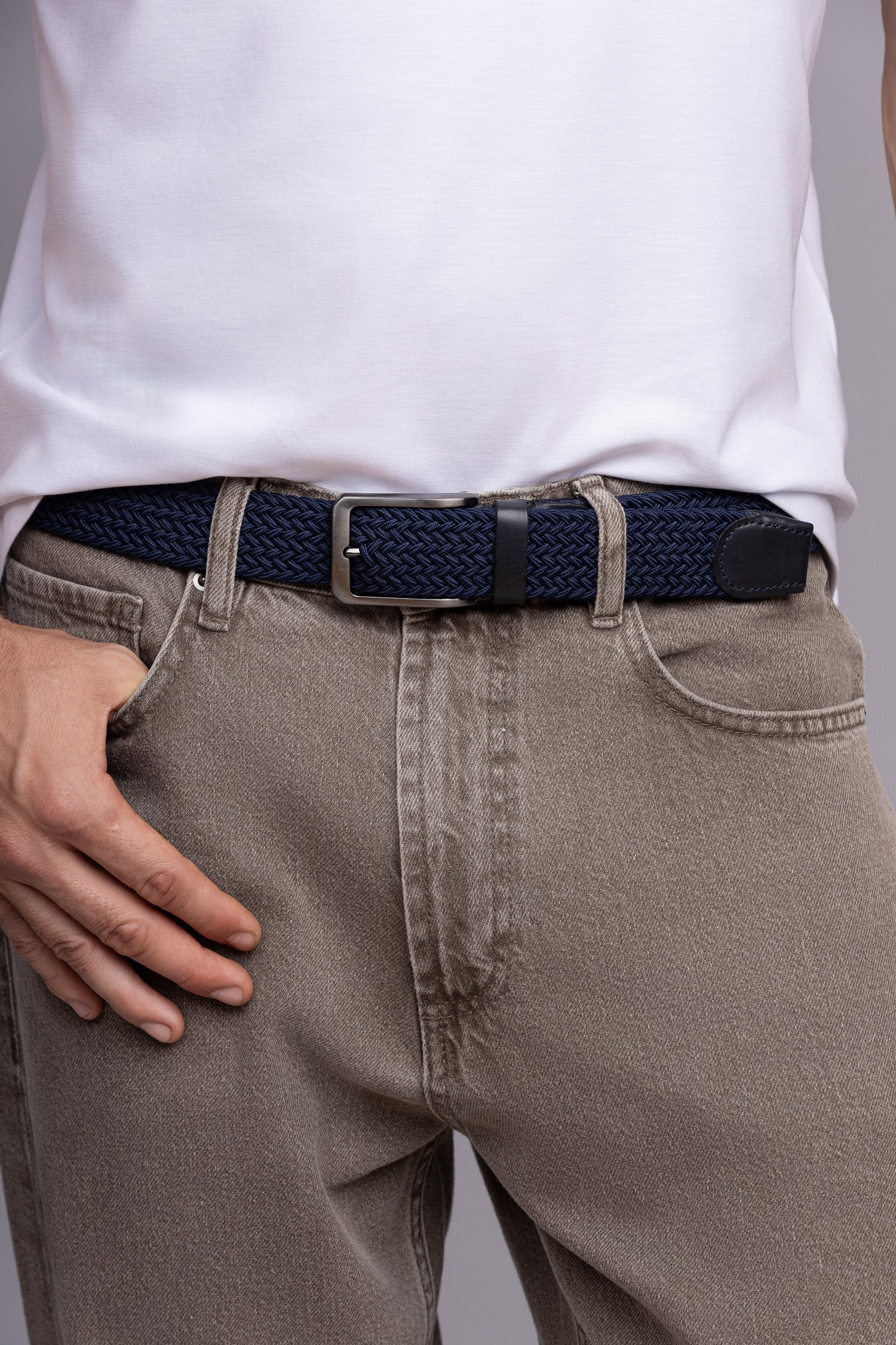Navy Woven Stretch Belt With Leather Trims