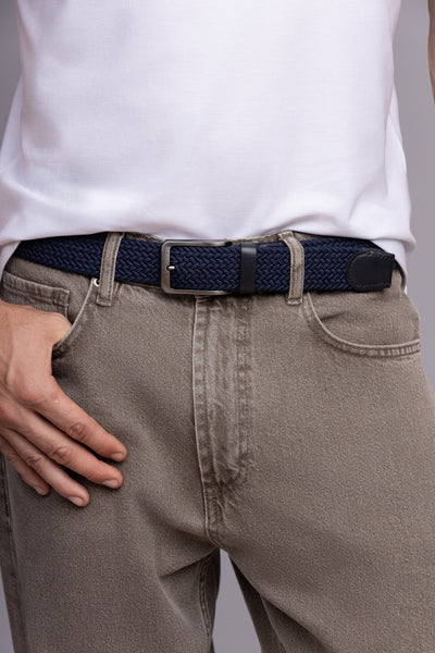 Navy Woven Stretch Belt With Leather Trims