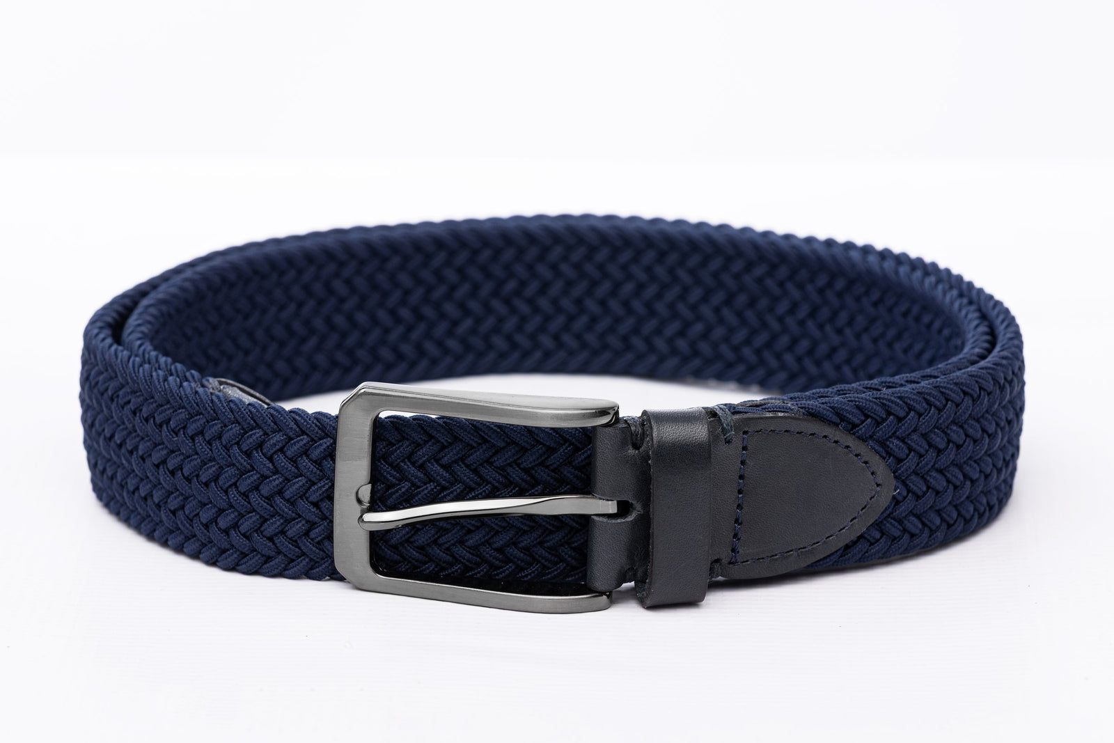 Navy Woven Stretch Belt With Leather Trims