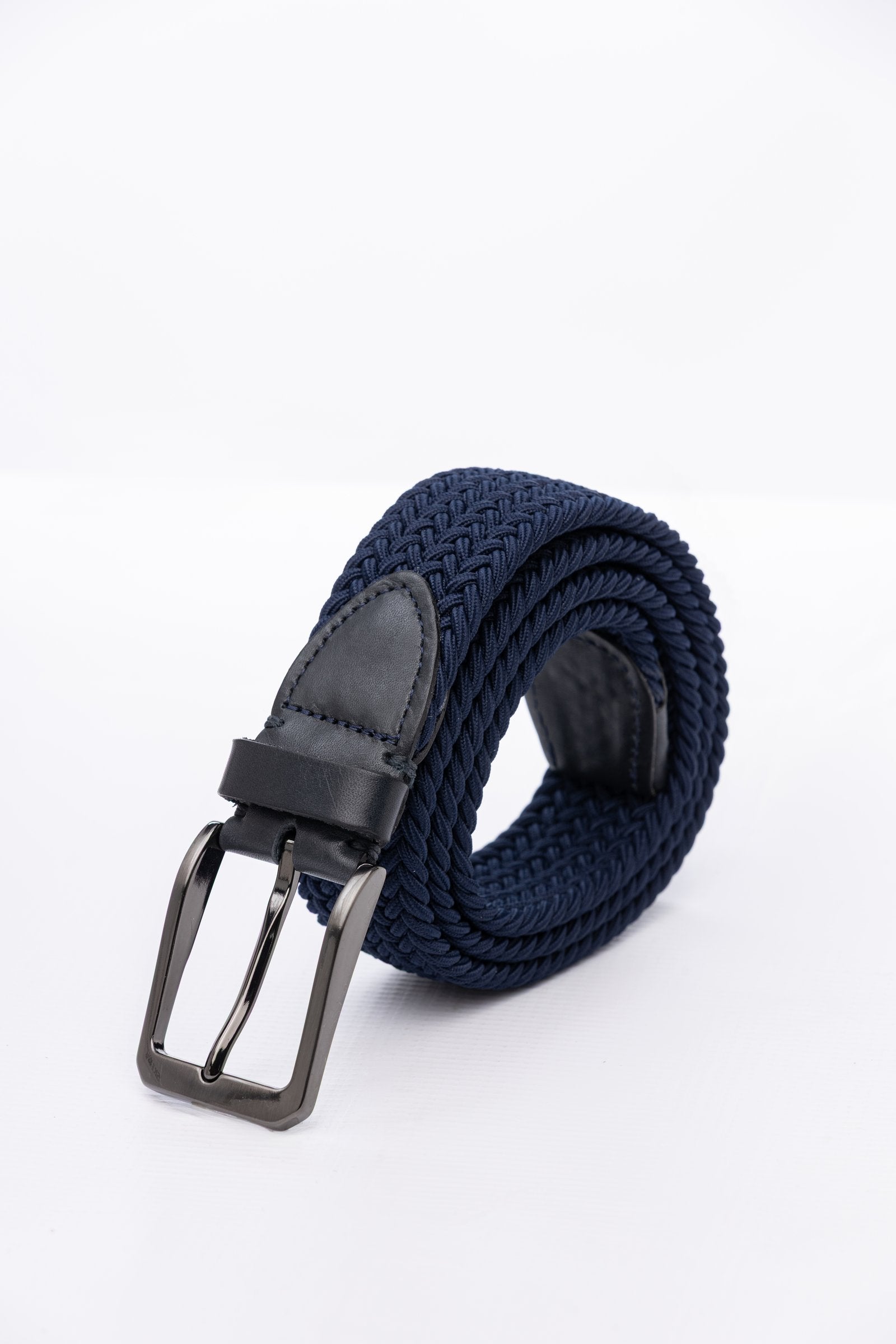 Navy Woven Stretch Belt With Leather Trims