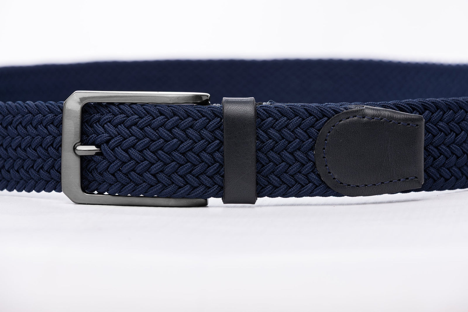 Navy Woven Stretch Belt With Leather Trims