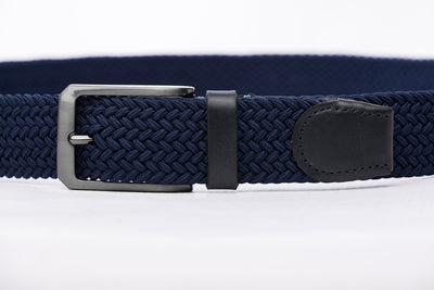 Navy Woven Stretch Belt With Leather Trims