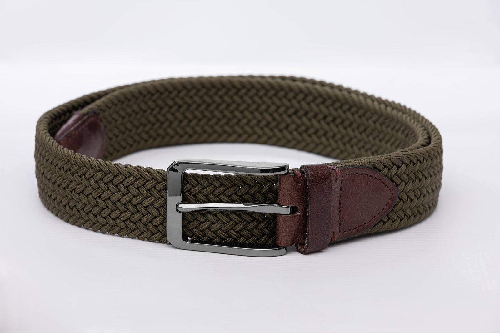 Green Woven Stretch Belt With Leather Trims