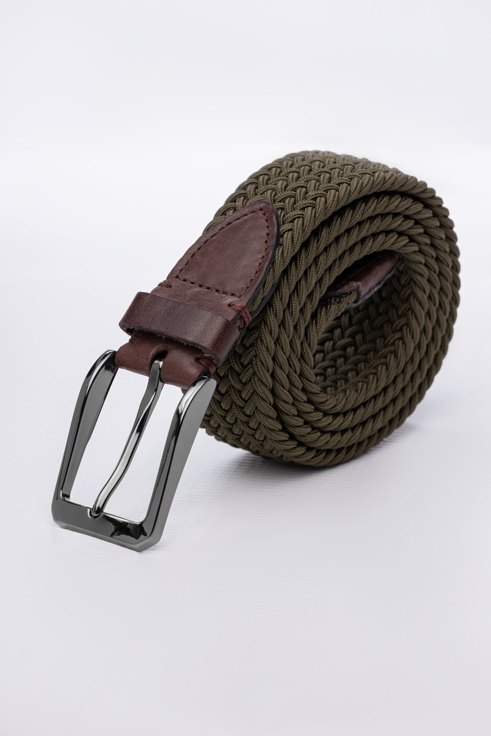 Green Woven Stretch Belt With Leather Trims