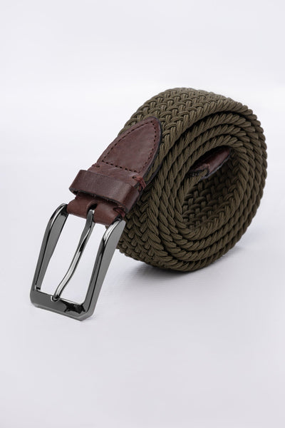 Green Woven Stretch Belt With Leather Trims