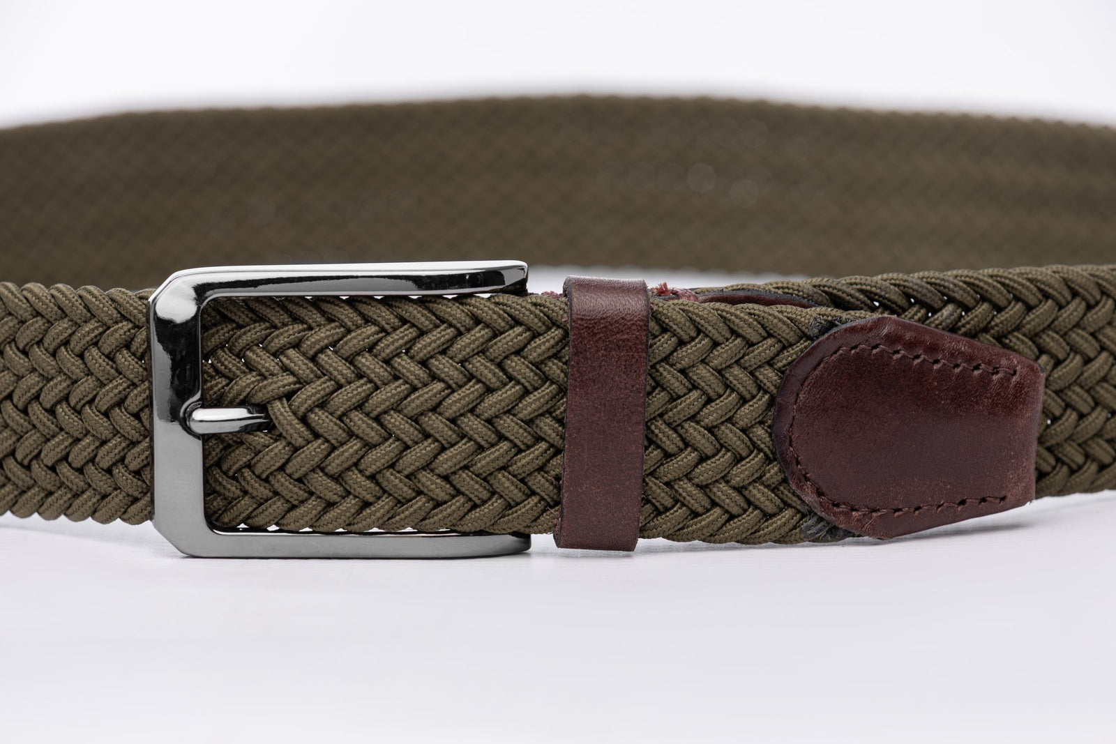 Green Woven Stretch Belt With Leather Trims