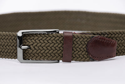 Green Woven Stretch Belt With Leather Trims
