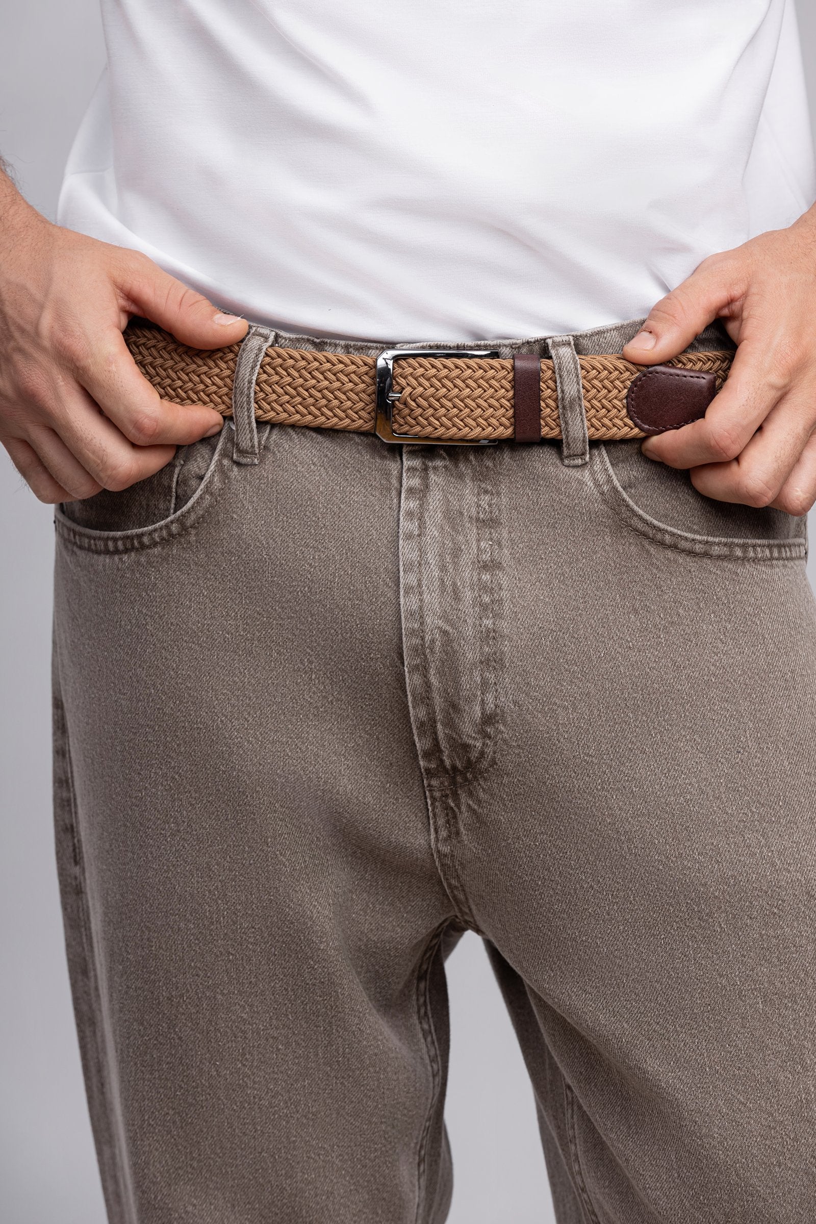 Camel Woven Stretch Belt With Leather Trims