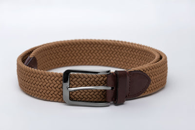 Camel Woven Stretch Belt With Leather Trims