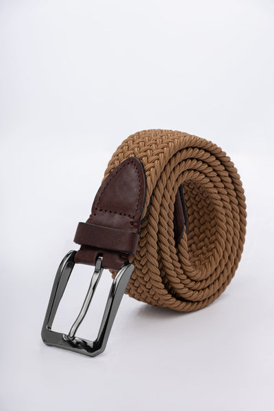 Camel Woven Stretch Belt With Leather Trims