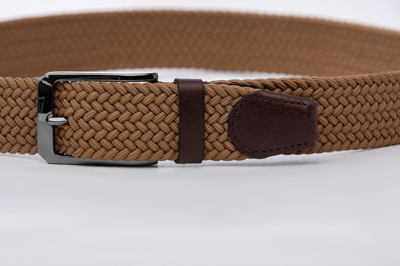Camel Woven Stretch Belt With Leather Trims