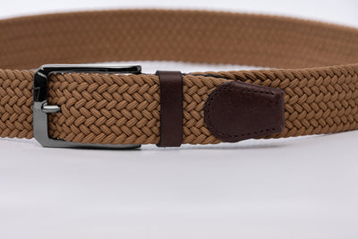 Camel Woven Stretch Belt With Leather Trims
