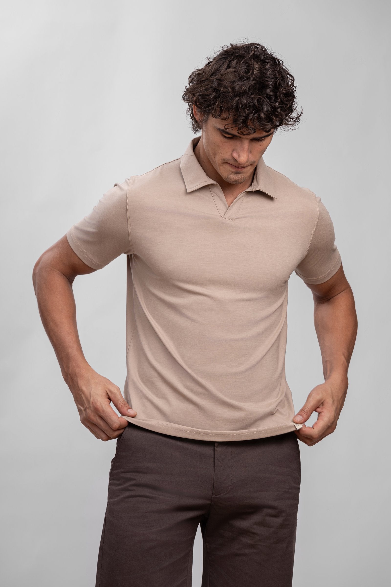 Beige Modal V-Neck Polo