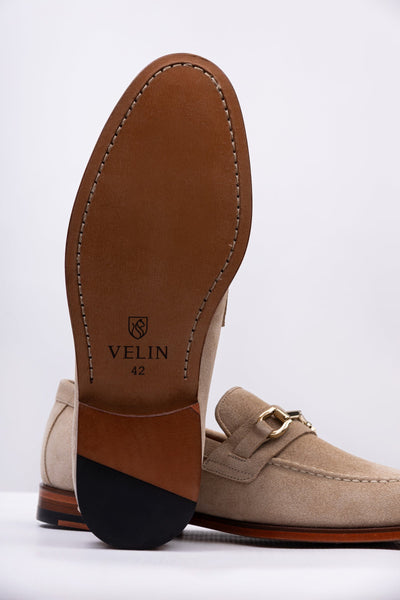 Beige Bit-Detail Suede Leather Loafers