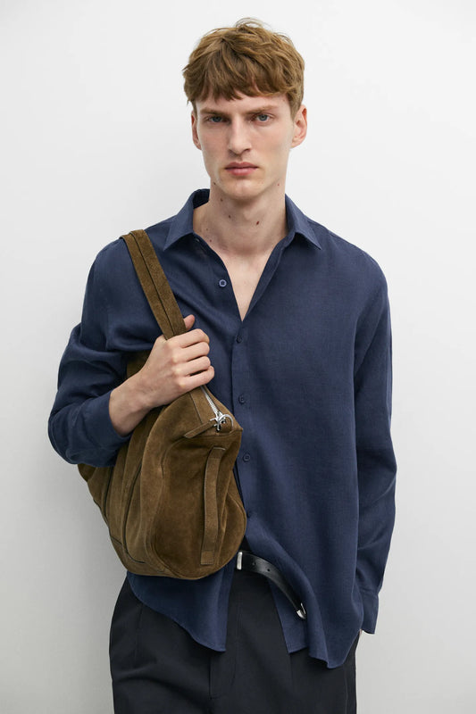 Slim Fit Linen Shirt Navy - model editorial